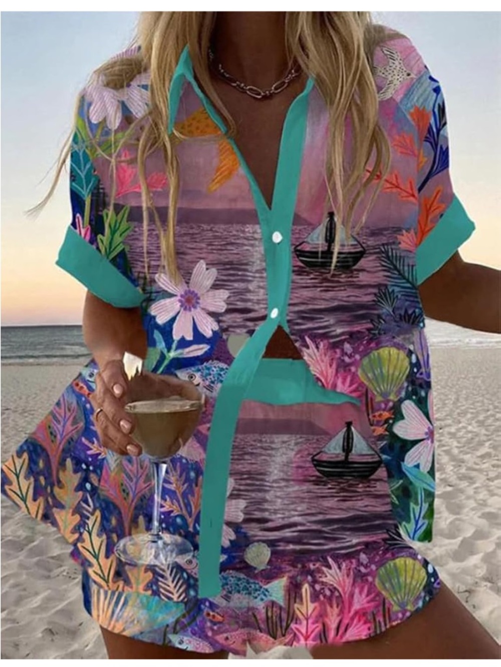 Tropical Floral Beach Button-Up Top - Turquoise Trim 2 piece set